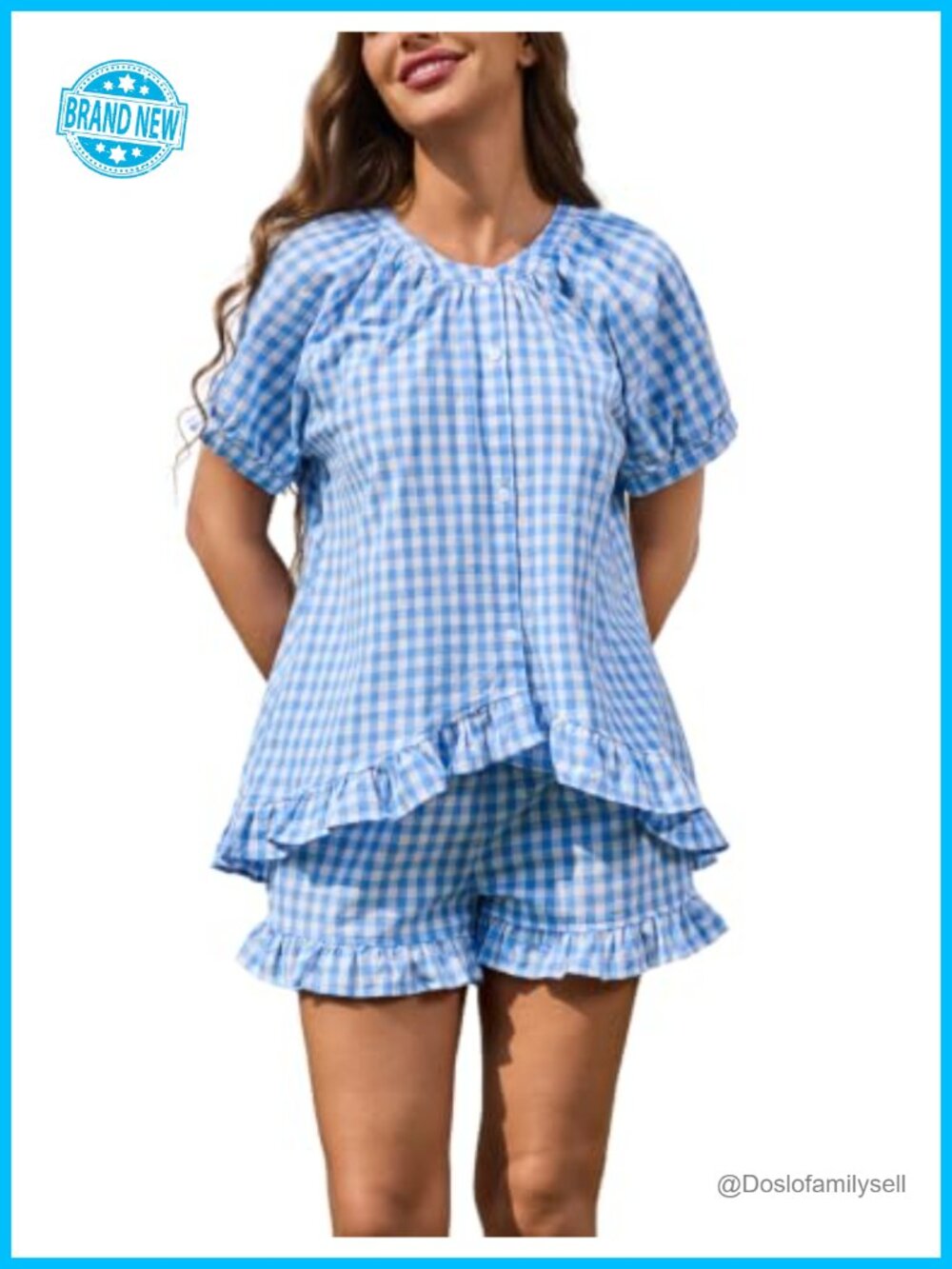 Women Cotton Gingham Pajama Set Plaid Shorts Ruffle Loungewear